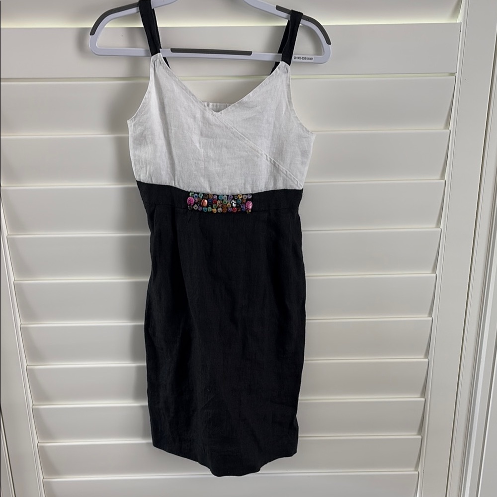 Linen Black and White Dress with Beaded Detail